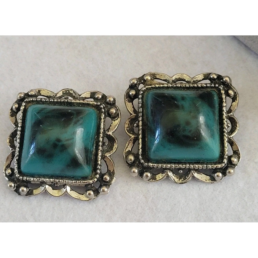 Turquoise Color Clip On Earrings Silver Tone Filigree Southwestern Style